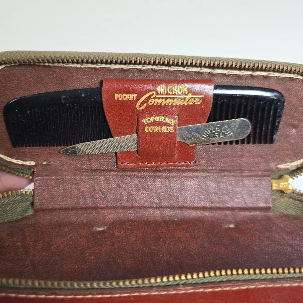 Vintage Hickok Commuter Leather Travel Valet Grooming Kit Brush Comb File & Case